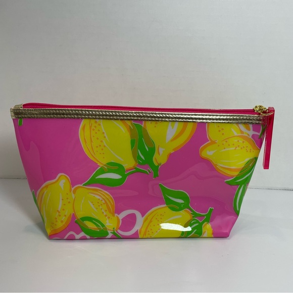 Lilly Pulitzer by Estee Lauder Pink and Lemons Zip Cosmetic Bag Gold Trim - Picture 10 of 11